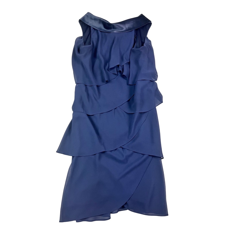 SLNY Navy Blue Tiered Ruffle Cocktail Dress Satin V-Neck Sleeveless Size 12